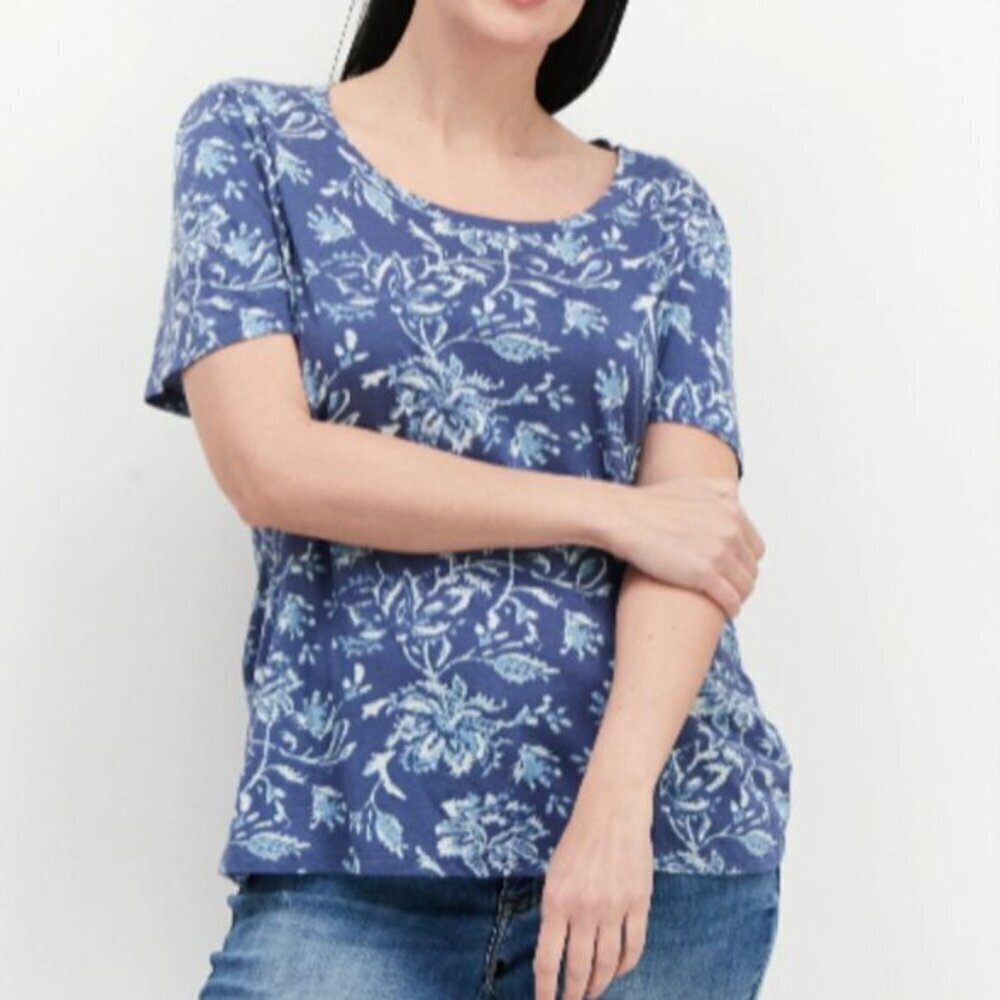 Lucky Brand Shirt Womens Large Blue Floral Short Sleeve Blouse